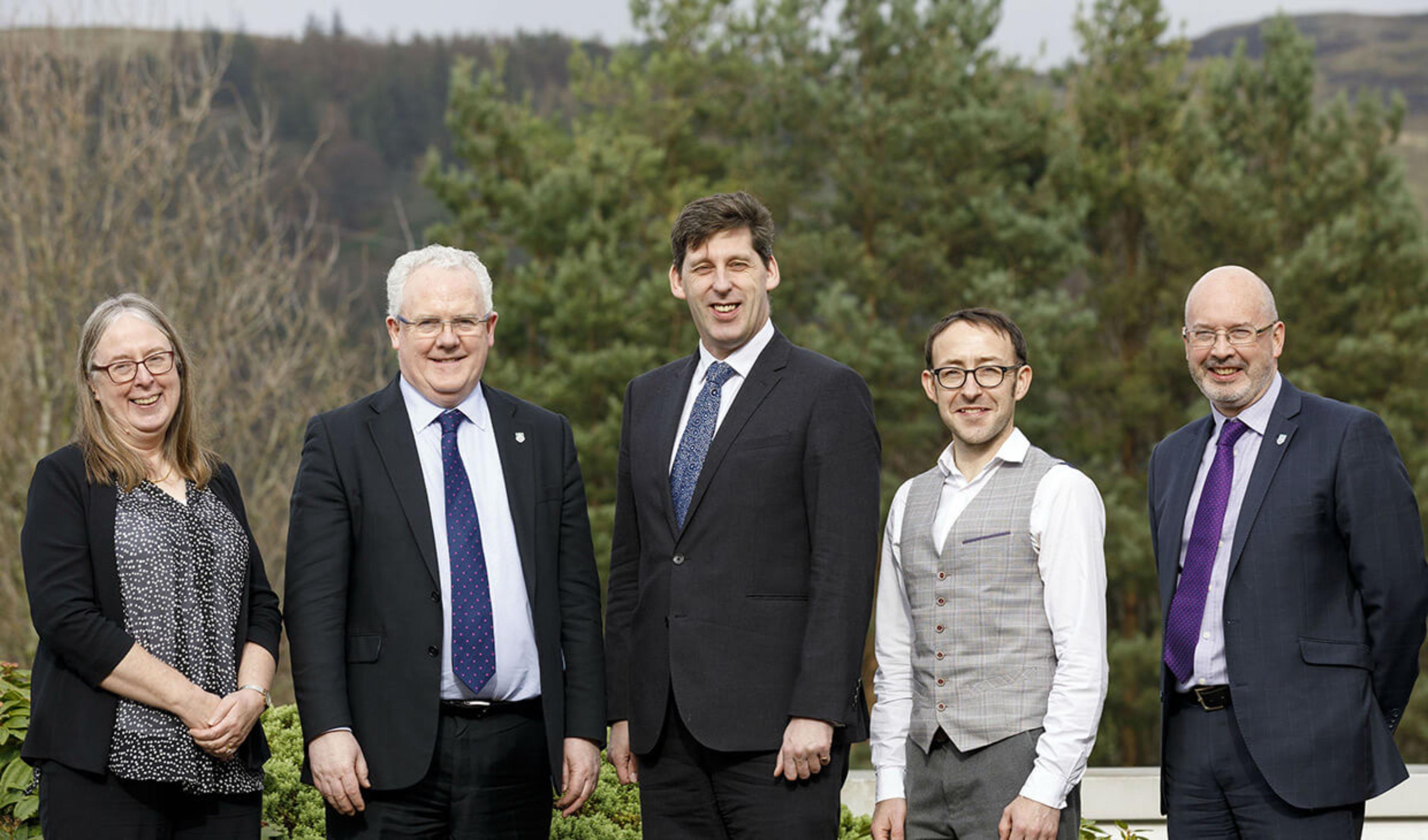 L-R: Professor Alison Bowes, Principal Professor Gerry McCormac, Lord Duncan, Martin Quirke & Professor Malcolm MacLeod