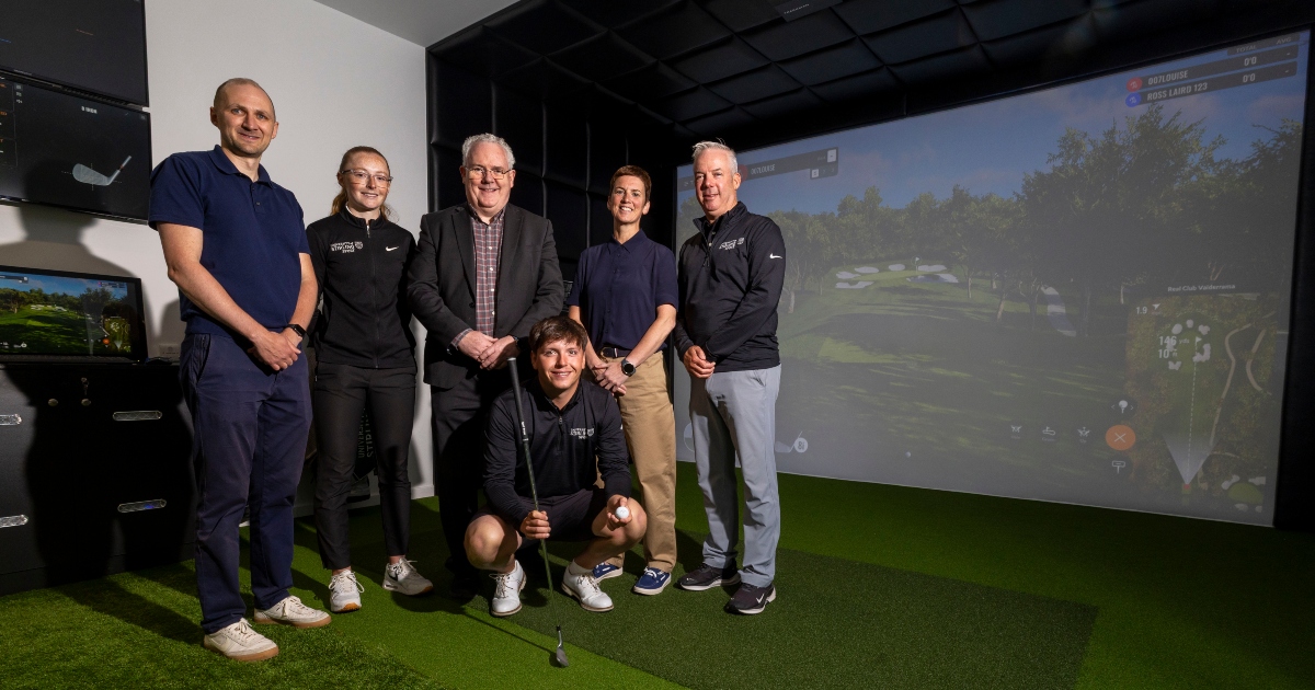 David Bond, Louise Duncan, Professor Sir Gerry McCormac, Cathy Gallagher, Dean Robertson and Ross Laird in the new Performance Golf Studio.