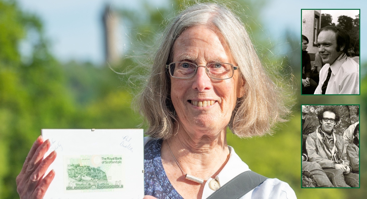 Terry Macdonald with her late husband Ranald (inset top) and bet winner John Evans (inset below).
