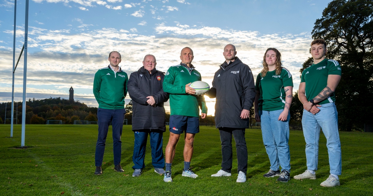 Group shot of Stirling's rugby management and coaching team.