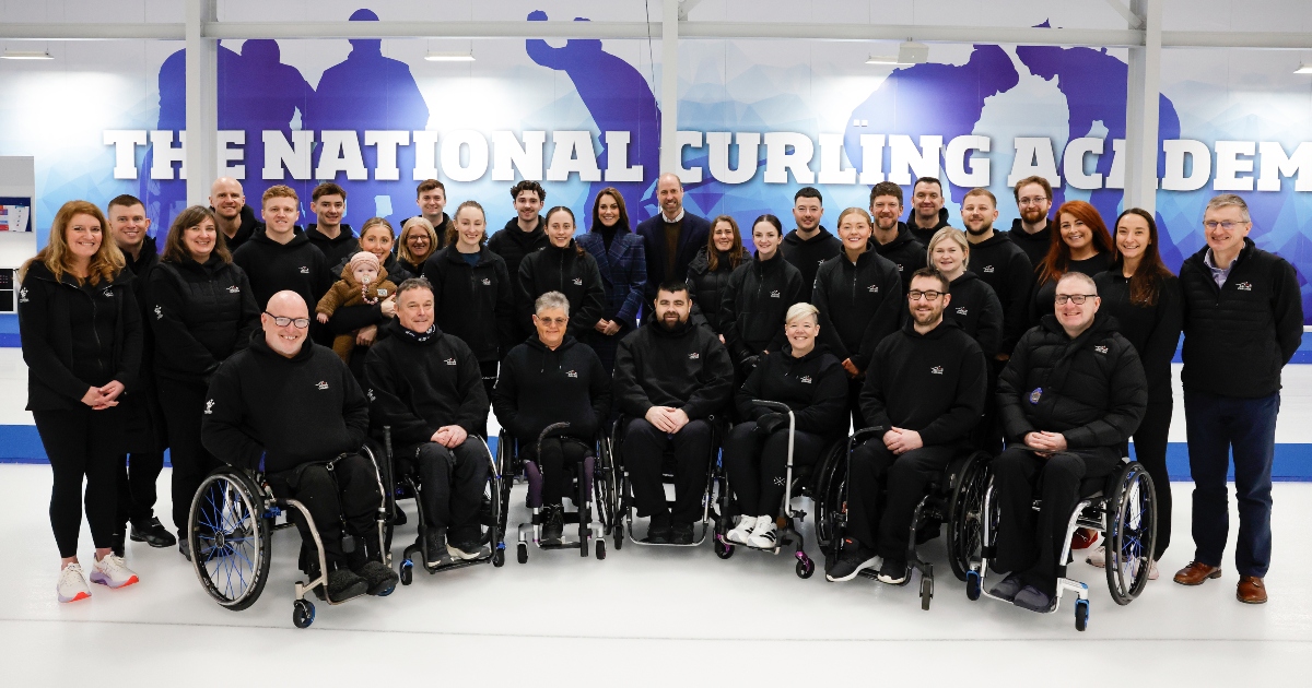 Group shot of Prince William and Princess Catherine at National Curling Academy, Stirling.