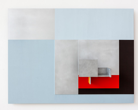 Painting with rectangles in grey, blue, black and red